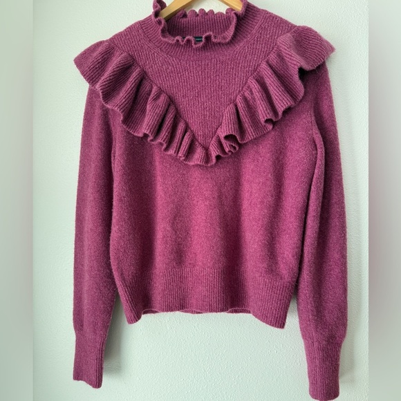 FRENCH CONNECTION Womens Purple Ruffled Long Sleeve Turtle Neck Sweater L - Picture 1 of 11